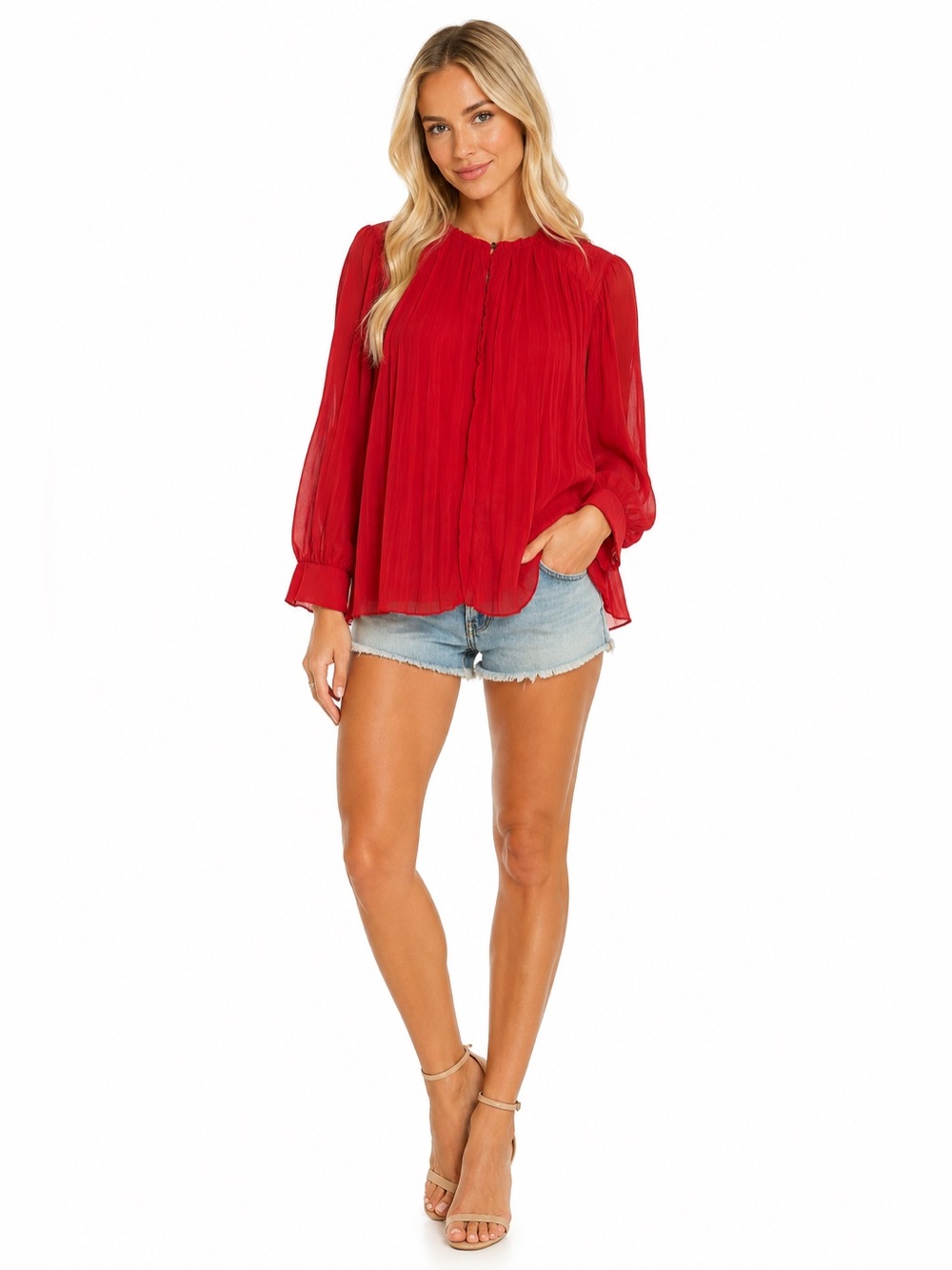 Zara Basic Red Pleated Chiffon Long Sleeve Blouse | Size S